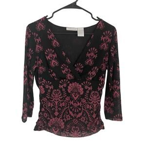 Y2K Sheer Mesh Top M Black Pink Babydoll Damask Print 2000s Emo Fairy Grunge